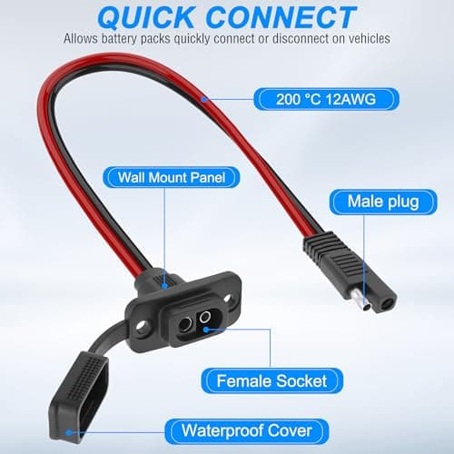 MEIRIYFA SAE Quick Connector Harness Adapter Male Plug to Female Socket Cable, 12AWG SAE Extension Cord Power Sidewall Port Weatherproof for Solar Generator Battery Charger (2Pack, 0.3M) — view 2