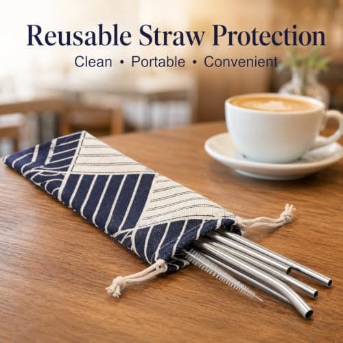 Healeved 5Pcs Reusable Straw Pouch, Cotton Linen Straw Holder Case with Drawstring Closure, Portable Travel Storage Bag for Metal Glass Bamboo Straws, Cutlery and Eco Friendly Utensils — view 3