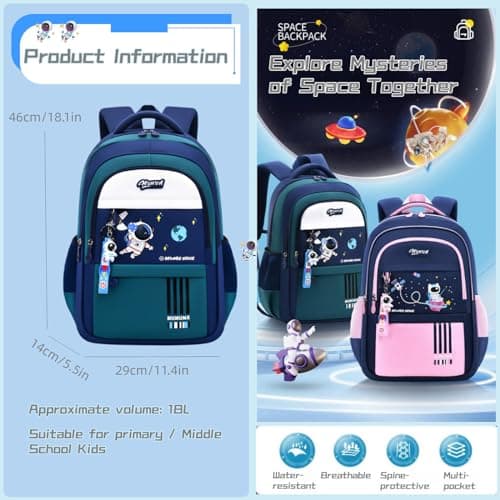 Space Childrens Backpacks for Boys, Multi-Pocket Astronaut Boys School Bags Backpacks with Chest Strap, Dark-Blue+Green — view 4
