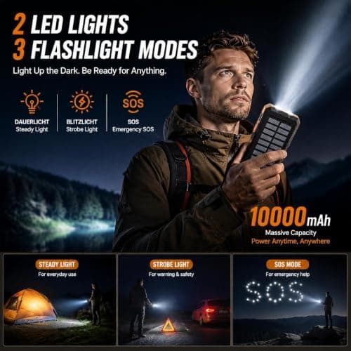 Solar Power Bank 10000mAh, Portable Solar Charger, Portable Charger USB C Fast Charging Outdoor with Flashlight 2 Output Ports for Smartphones Tablets and More — view 5