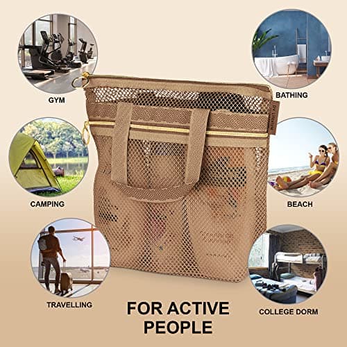 DV Lifestyle Mesh Shower Bag 25 x 26cm Caddy with Zipper & 2 Pockets. Quick-Dry Portable Toiletry Tote for Bathroom, Gym, Travel, Camp, Beach, for Sunscreen, Dorm & College Essentials (Brown) — view 4
