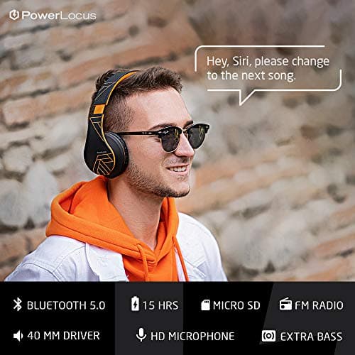 PowerLocus Bluetooth Over-Ear Headphones, Wireless Stereo Foldable Headphones Wireless and Wired Headsets with Built-in Mic, Micro SD/TF, FM for iPhone/Samsung/iPad/PC - Black/Orange — view 4