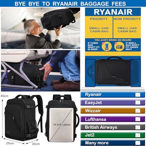 Cabin Bags 40x20x25 for Ryanair Underseat 20L Small Travel Hand Luggage Backpack Carry-ons Bag Cabin Size for Airplanes Flight Bag Travel Rucksack Fit 14 Inch Laptop with USB Charging Port-Black — view 2
