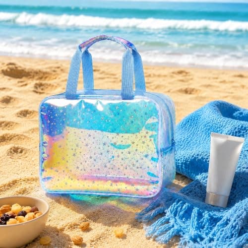 Clear Star Print PVC Cosmetic Bag, Waterproof Travel Makeup Pouch, Portable Wash Bag Women, Purple Transparent Clear Toiletry Bag with Handles — view 4