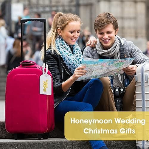 Simarro 2 Pcs Luggage Tags, PU Leather Travel Tags Mr and Mrs Gifts, Bridal Shower Gift for Married Couples Honeymoon Lovers Travel Outdoor Use — view 2