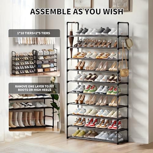 SPUSEN Metal Shoe Rack, 10 Tier Shoe Storage Organizer with Hooks,Fit 40-45Pairs Shoes,Metal Tall Shoe Shelf for Closet,Entryway,Garage,Bedroom,Cloakroom — view 4