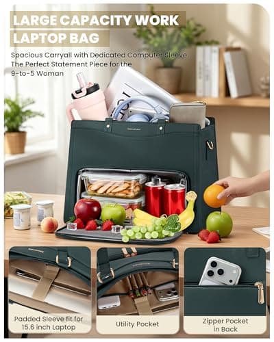 RAINSMORE Teacher Bag 15.6 Inch Laptop Bag with Lunch Compartment PU Leather Laptop Tote Bags for Women Professional Work Bag for College Office DeepGreen — view 6