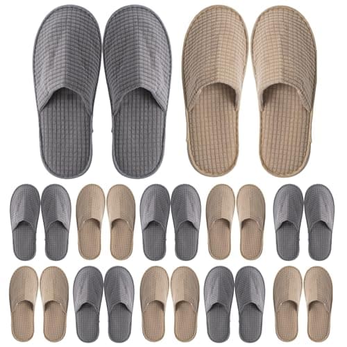 LYCN 12 Pairs Disposable Slippers - Non-Slip Soft Fleece Guest Slippers, Washable Hotel Slippers in Khaki and Grey for Men and Women, Home, Travel, Spa, Indoor