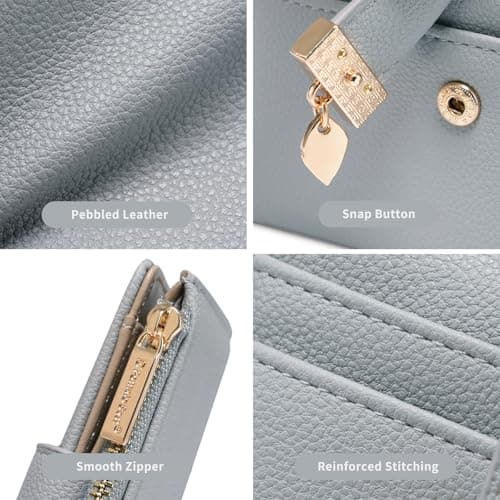 Pomelo Best Women's RFID Wallet - Vegan Leather Bi-fold Small Ladies Purse with Zipper Coin Pocket & ID Window - Leaf Charm Compact Wallet for Women (Grey) — view 4