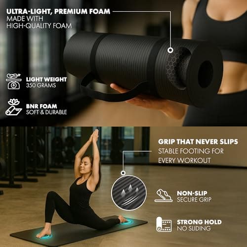KAYMAN Exercise Yoga Mat Non Slip - Black, 183 x 60 cm, Training & Workout Mats for Yoga, Pilates, Gymnastics, Stretching & Meditation, Eco Friendly Exercise Mat for Home with Carrying Straps — view 4