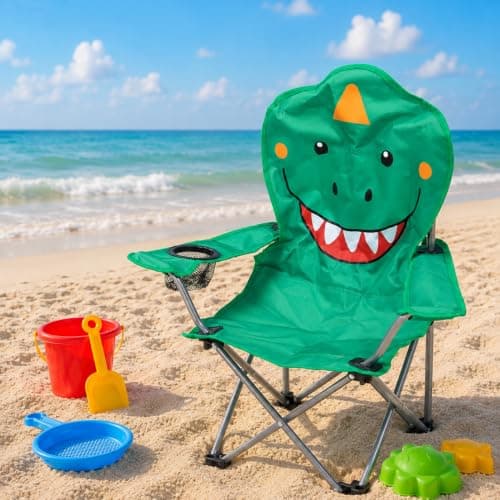 Envenzo Kids Folding Camping Chair, 4 Assorted Animal Designs, 600D Polyester, with Cup Holder and Security Lock, 35x35x60cm (1, GREEN) — view 2