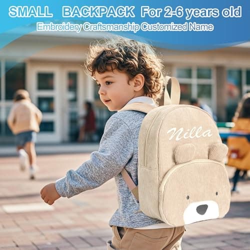 Personalised toddler backpack Corduroy Teddy Bear Backpack for Toddlers | Embroidered Name Kids Nursery Bag for Boys Girls Preschool Travel (Blue) — view 3