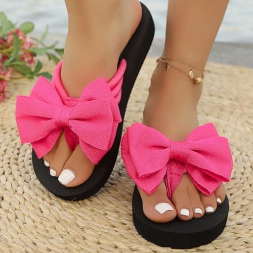 Flower Flip Flops Women Beach Slippers Size 8 Boho Open Toe Slip on Flat Sandals Summer Comfortable Yoga Mat Thong Sandals for Pool, Travel Vacation Slippers Bow Hot Pink Footwear Gift — view 5