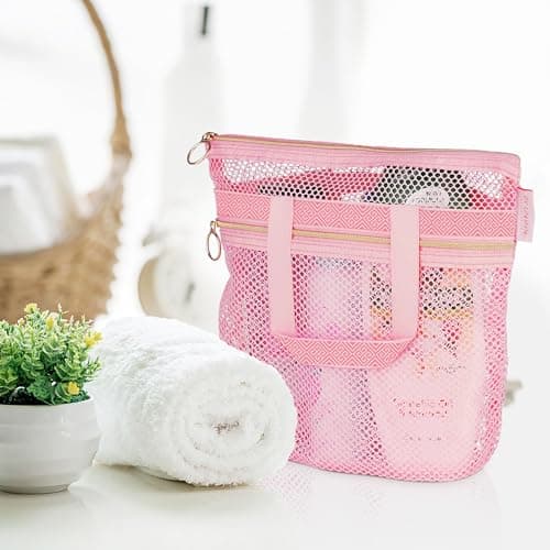 DV Lifestyle Mesh Shower Bag 25 x 26cm Caddy with Zipper & 2 Pockets. Quick-Dry Portable Toiletry Tote for Bathroom, Gym, Travel, Camp, Beach, for Sunscreen, Dorm & College Essentials (Pink) — view 5