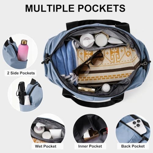 Vllcsla Sports Duffle Bag Small for Women with Wet Pocket, 45x20x27 cm, Womens Gym Tote Bag Duffle Bags, Waterproof Overnight Weekend Carry On Bags, Lightweight, for Gym/Swim/Beach (Blue) — view 4