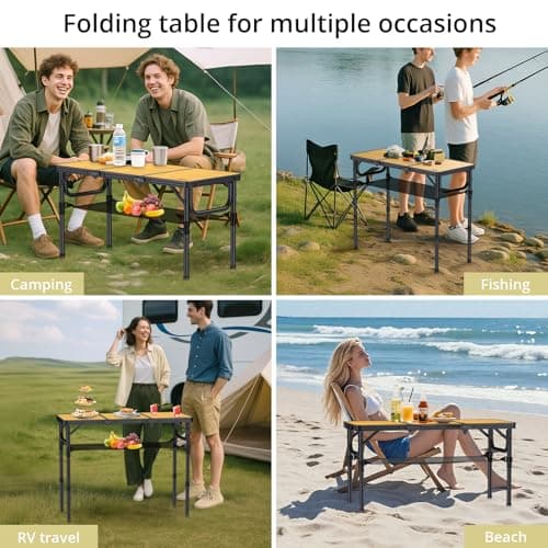 Anbte 3ft Camping Table Foldable with Storage Net and Bag, 3 Adjustable Heights High 27.5" Aluminum Camping Table, Portable, for Outdoor Indoor Backyard Bbq Cooking Party Picnic Beach, Yellow — view 6