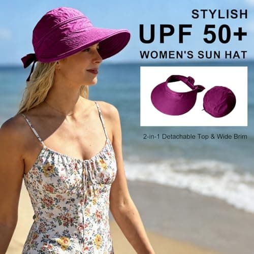 ADUDVLO Sun Hats for Women UK, Stylish UPF 50+ 2-in-1 Detachable Top & Adjustable Visor, Foldable Packable Wide Brim Beach Hat for Travel & Outdoor (Purple Red) — view 3