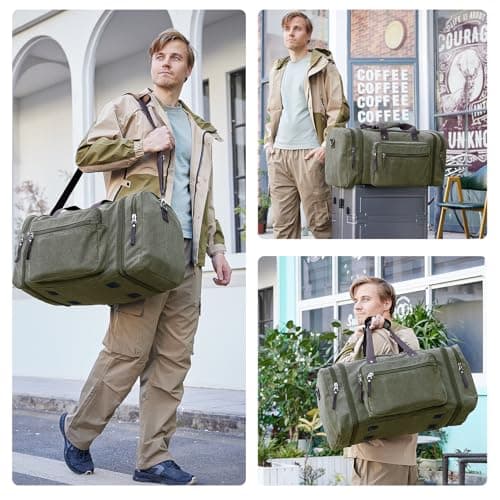 EKOROMIER 55L Canvas Travel Duffel Bag for Men – Expandable Weekender Holdall – Cabin Size Overnight Bag for Gym, Carry-On or Short Trips – Olive — view 2