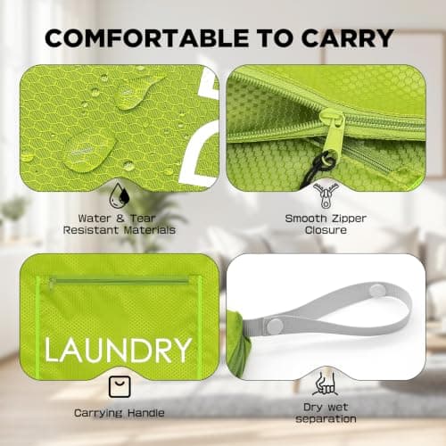 2 Packs Laundry Bags, Foldable Dirty Clothes Travel Laundry bag with Zipper, Washable Wet & Dry Organizer for Gym, Swimming, Yoga, Workout & Swimsuits（Neon Green（ Small+ Large）) — view 2