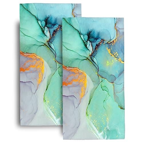 Teal Blue Gold Marble Hand Towels Set of 2 Soft Absorbent Turquoise Modern Decorative Towels for Bathroom Beach Spa Gym Yoga Swim Home Decor 14"x28"