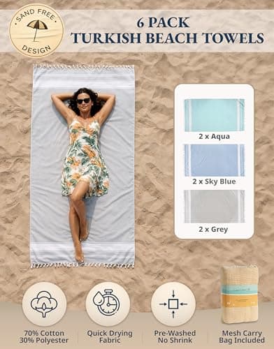 LANE LINEN Beach Towels 6 Pack, Bulk Beach Towels Oversized, Pool Towels for Adults, Pre-Washed, Sand Free Beach Towel, Fast Drying Beach Towel, 39"x71" - Classic Color — view 2