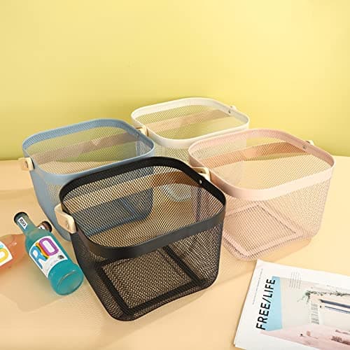 Metal Basket Storage Organizer, Multi-functional Basket with Bamboo Handle for Home Kitchen Picnic Shopping Decoration (Pink) — view 4