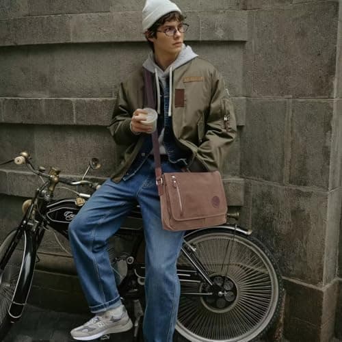 Classic Messenger Bags for Men Vintage Canvas Genuine Leather Ornamental Shoulder Bag Daily Commuting, Travelling, College Bag Flip Lid Design + Large Opening for Easy Access to Items at All Times — view 2