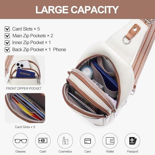 Lexiyat Anti Theft Crossbody Bags for Women Travel Chest Sling Bag Leather Handbags Fanny Pack Beigewithbrown — view 4