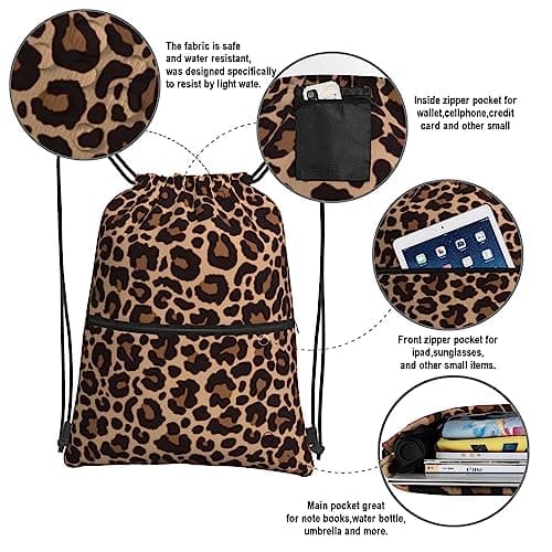Newhomestyle Leopard Printing Drawstring Backpack Bag, Cheetah Outdoor Sport Gym Sackpack, Durable Zipper Waterproof Beach Bag, Adjustable Lightweight String Bag for Women Men — view 3