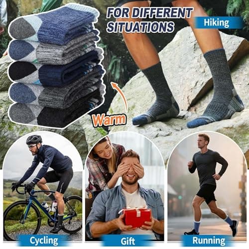 MOGGEI Mens Merino Wool Hiking Socks Thermal Warm Winter Breathable Cushioned Cosy Crew Socks for Walking Trekking Outdoor Sport 5 Pairs, UK Shoe Size 7-11(Grey/Blue/Dark Blue/Black) — view 2