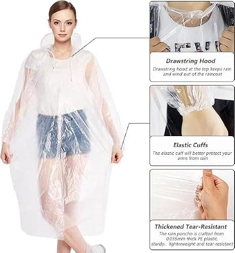 LEEPAT 5 Pack Ponchos Waterproof with Sleeves and Drawstring Hood, Thickened Portable Adult Emergency Disposable Waterproof Poncho Ideal for Festival Waterproofing, Camping, Theme Parks — view 4