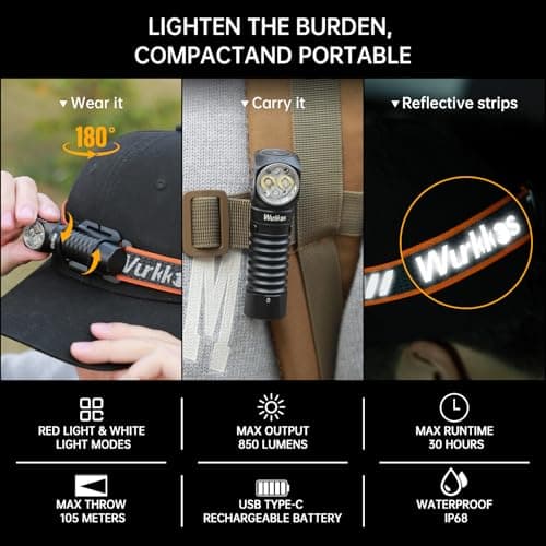 Wurkkos Headlamp,HD12 850LM Rechargeable Headlamp,Head Lamps Led Rechargeable,Mini AA Head Lights,Camping headlamps with Red Light,Waterproof,for Kids and Adults,Hiking,Emergency,Outdoor,Hard Hat — view 3