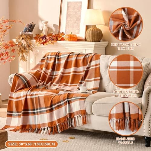Lanpn Rust Plaid Throw Blanket, Cozy Soft Fall Fringe Blankets for Couch Sofa Bed, Lightweight Orange Checkered Throws Acrylic Cashmere Like Shawl, Autumn Thanksgiving Home Decor Gift, 130x150 — view 5