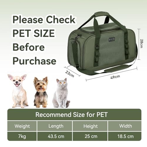 Petsfit Airline Approved Cat Travel Carrier – Portable Foldable Soft Pet Bag for Small Dogs & Cats, Ventilated, Shoulder Strap Included, Car & Plane Friendly, Olive Green, 49×23×28cm — view 3
