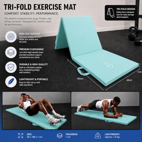 NORTHERN Yoga Mat Exercise Fitness Tri-Fold Foam Mat Extra Thick Non Slip Large Padded Stretching Home Gym Equipment Accessory 3 Folding Multi-Purpose Workout with Carrying Handle (Light Blue) — view 3