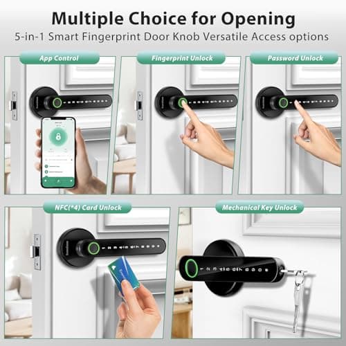 EVANSHOW 5-in-1 Keyless Entry (APP/Fingerprint/Code/IC Card/Key) Smart Door Knob Fingerprint Lock Biometric Door Lock for Home/Bedroom/Office — view 2