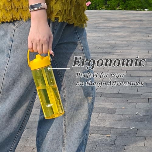 GOPPUS 600ml/20oz Clear Water Bottle with Straw, Tritan Leakproof Sports Drinking Bottle, BPA Free Wide Mouth Gym Bottle with Handle and Measurement Marks for School, Gym, Travel (Yellow) — view 6