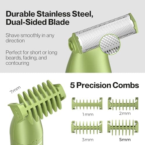 BarberBoss 3-in-1 Men’s Precision Trimmer, Beard and Hair Grooming Kit for Men, Body Groomer, Nose & Ear Trimmer, Rechargeable Cordless Shaver with USB Charging, 3-in-1 Men’s Shaver (Green) — view 4