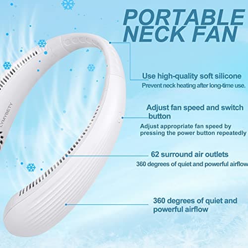 LYMYBETY Portable Neck Fan, Rechargeable Hanging Bladeless Hands Free Fan with 3 Speeds, 3000 mAh Battery Operated Wearable Personal for Men Women Kids Home Office Travel Outdoor (White, T36) — view 2