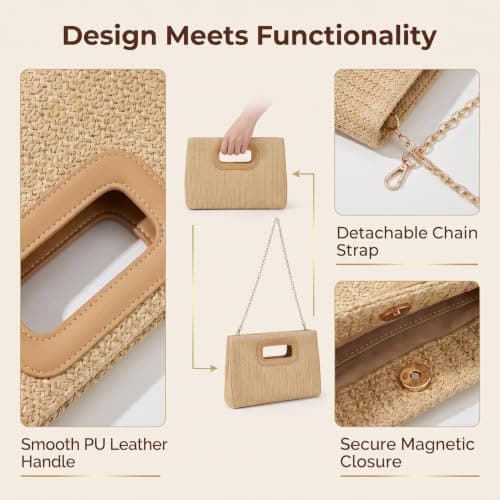 Nerciony Straw Bag for Women, Summer Raffia Clutch Bag with Detachable Strap, Boho Woven Handbag for Beach Vacation, Casual Crossbody Purse for Travel Wedding — view 5