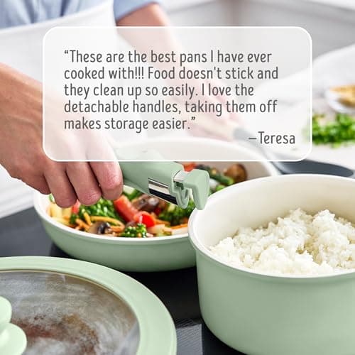 GreenLife 10 Piece Nonstick Pots & Pans Set, Detachable Handle & Stackable Cookware Set, Non Toxic PFAS-Free Skillets, Induction Kitchen Pans, Space Saving, Serving Bowls, Oven Safe, Sage Green — view 4