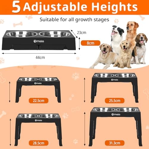 Ormalla Elevated Dog Bowls with Slow Feeder, 5 Heights Adjustable Raised Dog Bowls with 2 Stainless Dog Food Bowl Stand for Large Medium Small Dogs and Pets - Black — view 4