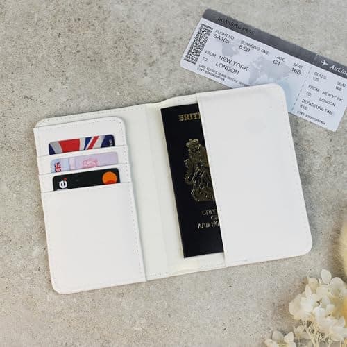 eBuyGB Personalised Passport Holder, Custom Name Passport Cover Travel Wallet, Faux Leather Travel Document Holder, Holiday, Honeymoon & Destination Wedding Gift for Her (Soft White) — view 3