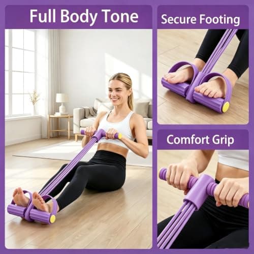 10-Tube Pedal Resistance Band with Handle - Heavy Sit Up Pull Rope for Full Body Workout, Home Gym Training, Yoga, and Pilates | Foot Exercise Bands Resistance Bands for Women (Purple) — view 2