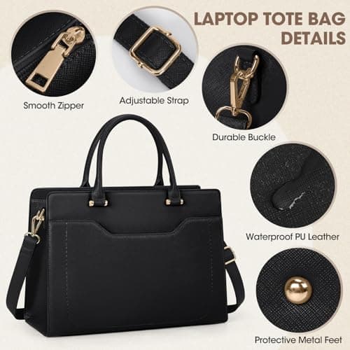 RAINSMORE Laptop Tote Bags for Women 15.6 Inch Designer Ladies Leather laptop handbags Waterproof Briefcase with Clutch Bag for Work School Business Black — view 5