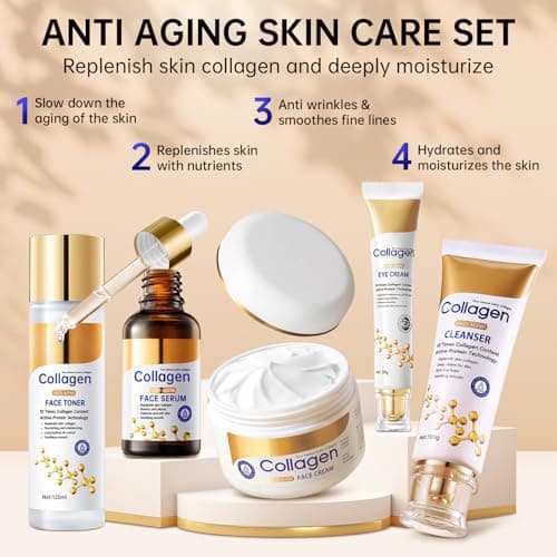 Collagen Skin Care Set, Anti Aging Skincare Set for Wrinkles & Fine Lines, Shrink Pores, Hydrate & Firm Skin, 7 Pcs Skincare Kits for Women with Cleanser, Toner, Serum, Cream, Eye Cream, 2 Pcs Masks. — view 3
