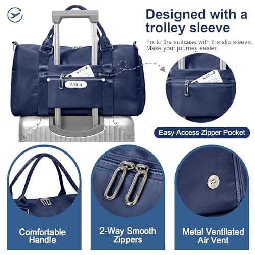 FIORETTO Womens Gym Sports Bag Travel Bag with Shoes Compartment & Wet Pocket, Weekend Overnight Duffle Hospital Bag Carry On Holdall for Travel Swimming Navy Blue — view 4