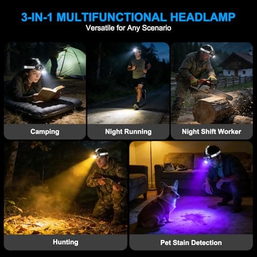 100000LM Head Torch Rechargeable,13 Modes Super bright Led Headtorch with UV/Warm/Red light & IPX7 Waterproof & 120° Adjustable & Motion & Zoomable, Red Warning Headlight for Running, Camping, Hiking — view 2