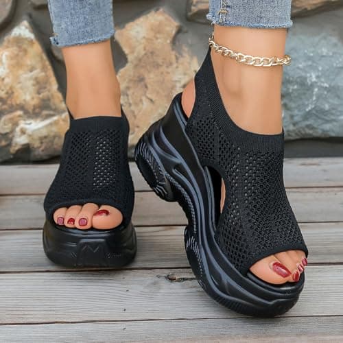 Mesh Knit Platform Wedge Sneakers for Women 2026 Open Toe Sock Sandals Hollow Out Breathable Knit Slip On Chunky Non Slip Sole Comfortable Lightweight Casual Summer Walking Travel Shoes — view 6