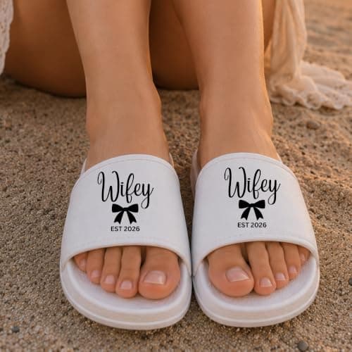 Be Buz Personalized Couple Slide Sandal, Custom Hubby Wifey Slippers with Names and EST Date, Matching Bridal Shower Honeymoon Wedding Gift Flip Flops — view 2